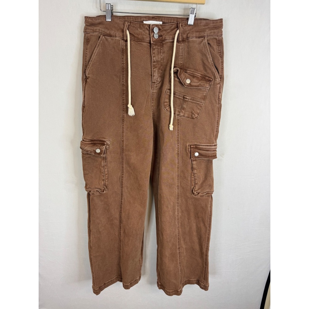Risen Jeans Brown Cargo Wide Leg Pants Double Button Drawstring RDP5492X 2XL